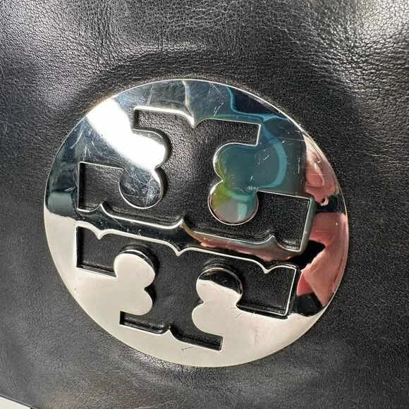 Tory Burch Black Leather Fold-Over Clutch | Removable Chain Strap | Silver Logo - Picture 8 of 12